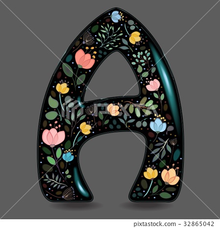 图库插图: black glared symbol a with watercolor flowers