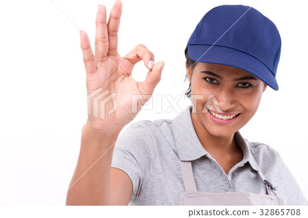 woman service staff giving ok hand gesture woman service staff giving ok hand gesture 32865708