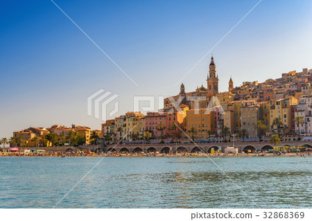 Menton beach and city skyline, Menton, France 32868369