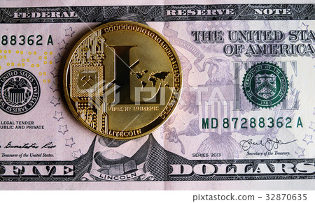 Litecoin on five dollar banknote. Litecoin on five dollar banknote. 32870635