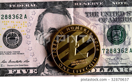 Litecoin on five dollar banknote. Litecoin on five dollar banknote. 32870637