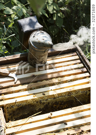 The bee hive is shot close-up in the summer on an  32871689