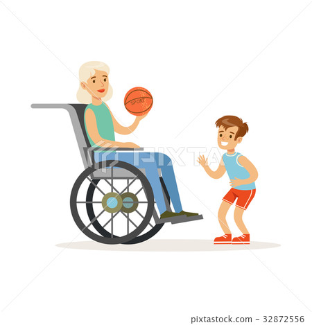 Boy playing ball with grandmother sitting in a Boy playing ball with grandmother sitting in a 32872556