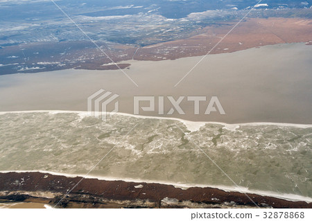 Lake Neusiedl winter aerial view, Austria. 32878868