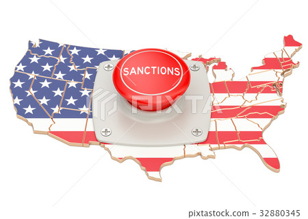 Sanctions button on map of USA , 3D rendering 32880345