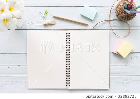 Modern white office desk top table with supplies. 32882723