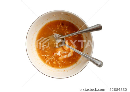Noodle dirty dish with metal fork and spoon 32884880