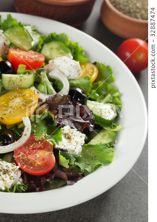 fresh greek salad in plate fresh greek salad in plate 32887474