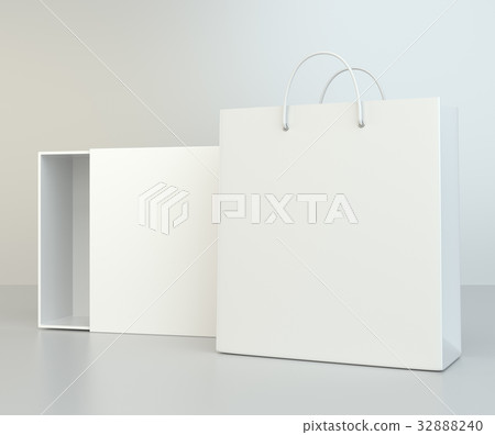 Blank box open and shopping bag on a gray floor Blank box open and shopping bag on a gray floor 32888240