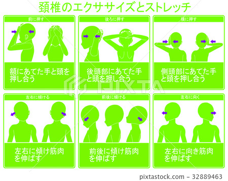Exercise and stretch of the cervical spine (green, with instructions) Exercise and stretch of the cervical spine (green, with instructions) 32889463