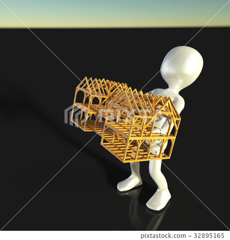 Concept guy holding wooden house isolated on 32895165