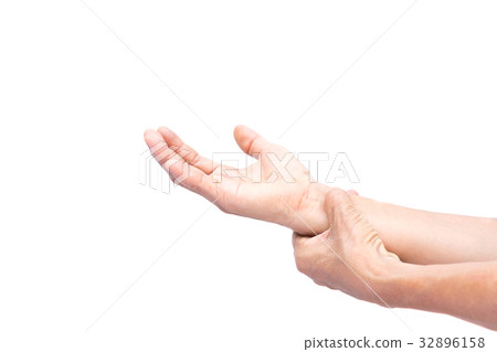 Senior woman with painful wrist isolated Senior woman with painful wrist isolated 32896158