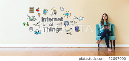 Internet of Things text with young woman holding a Internet of Things text with young woman holding a 32897000
