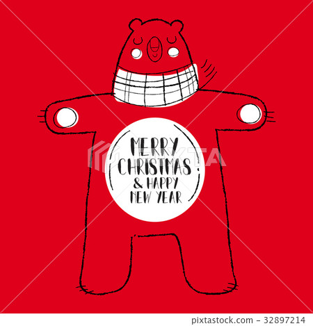 Christmas and new year red bear greeting card art Christmas and new year red bear greeting card art 32897214