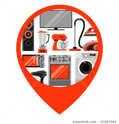 Location marker with home appliances. Household 32897944