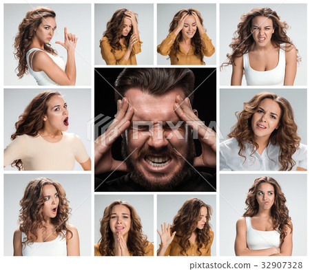The collage of young woman and male emotions The collage of young woman and male emotions 32907328