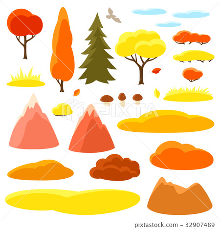 Autumn set of trees, mountains and hills. Seasonal 32907489