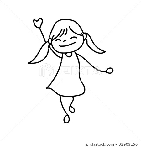hand drawing happy cute girls line art - Stock Illustration [32909156 ...