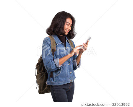 Asian woman with cellphone for backpacking 32913992