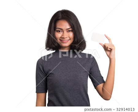 Adorable woman with business card on white 32914013