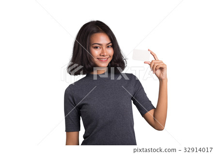 Lovely asia woman with business card on white Lovely asia woman with business card on white 32914017