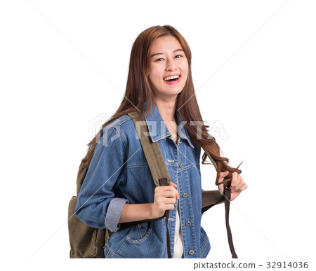 Lovely chinese lady with jean jacket and luggage Lovely chinese lady with jean jacket and luggage 32914036