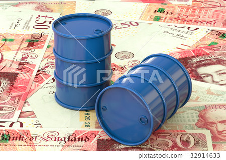 Blue barrels of oil lie on British pound sterling 32914633