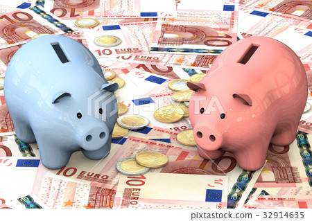 blue and pink piggy bank with copper coins euro blue and pink piggy bank with copper coins euro 32914635
