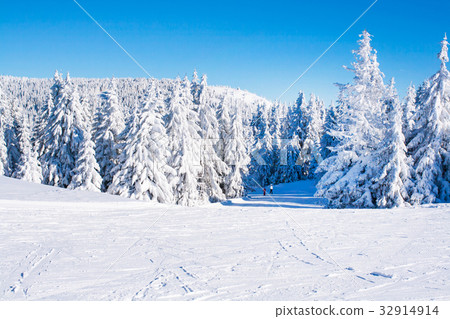 Vibrant panorama of the slope at ski resort 32914914