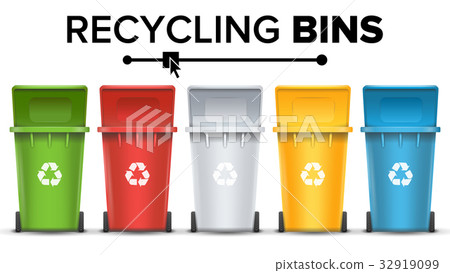 Recycling Buckets For Trash Vector. Set Of Red Recycling Buckets For Trash Vector. Set Of Red 32919099