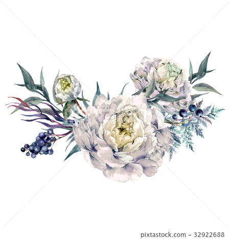 Watercolor White Peonies and Foliage Bouquet - Stock Illustration ...