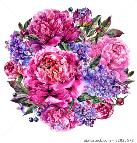 Watercolor Fuchsia Peonies and Lilac Round Bouquet - Stock Illustration ...