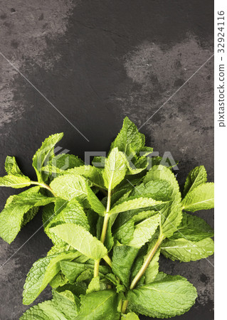 Bunch fresh mints on a dark background. Top view Bunch fresh mints on a dark background. Top view 32924116