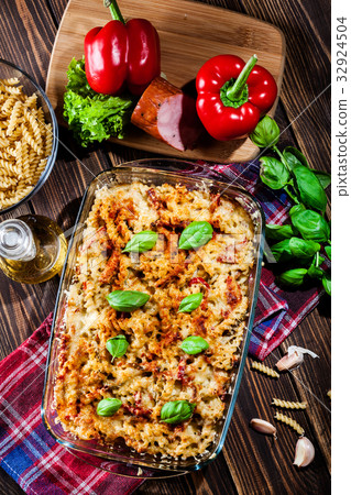 Casserole fusilli pasta with sausage 32924504