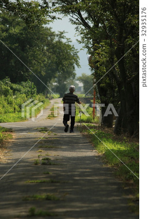 這是一個祖母的後視圖，她走在樹蔭下的鄉村公路上。 32935176