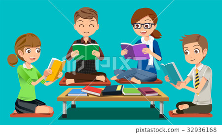Group reading attentively in public libraries. - Stock Illustration ...