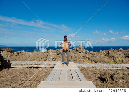 beautiful elegant female hiker standing on path beautiful elegant female hiker standing on path 32936858