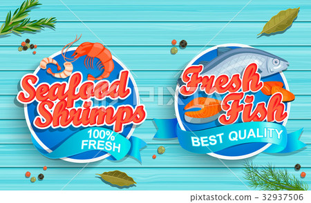 Seafood logos on blue wooden background Seafood logos on blue wooden background 32937506