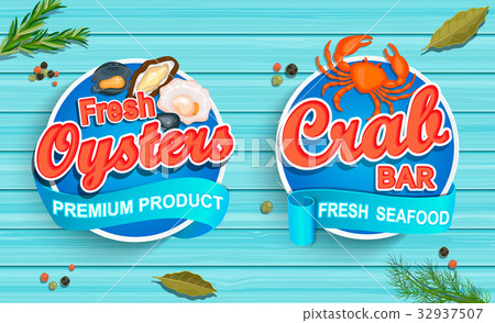Seafood emblems on blue wooden background Seafood emblems on blue wooden background 32937507
