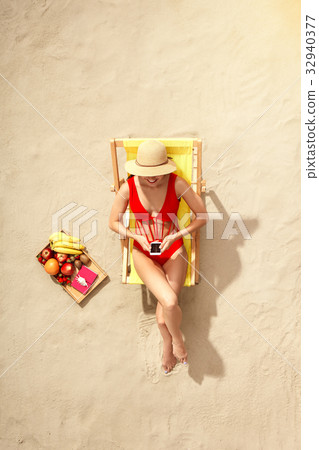 Young woman traveler tourist top view vacation 32940377
