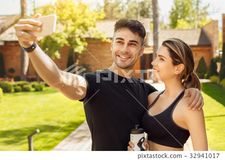 Young couple exercise together outdoors healthy 32941017