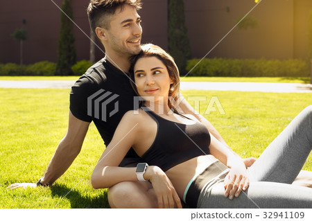 Young couple exercise together outdoors healthy 32941109