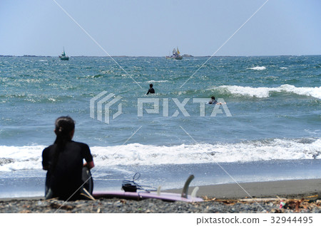 Chigasaki Beach Cape Hat Rock and Surfer Chigasaki Beach Cape Hat Rock and Surfer 32944495