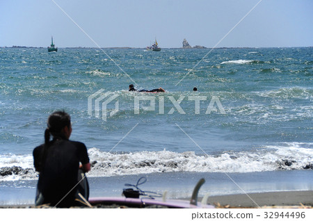 Chigasaki Beach Cape Hat Rock and Surfer 32944496