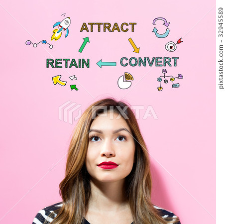 Attract Convert Retain text with young woman Attract Convert Retain text with young woman 32945589