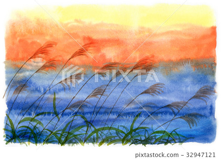模擬水彩日落天空和潘帕斯草 模擬水彩日落天空和潘帕斯草 32947121