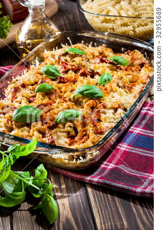 Casserole fusilli pasta with sausage 32955689