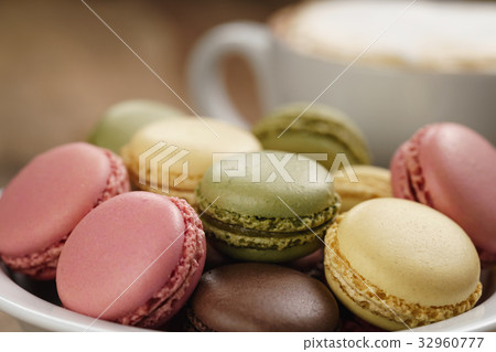 mixed macarons in bowl closeup shot mixed macarons in bowl closeup shot 32960777