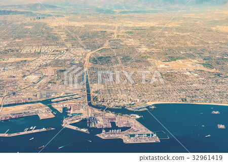 Aerial view of San Pedro, Terminal Island and Long 32961419