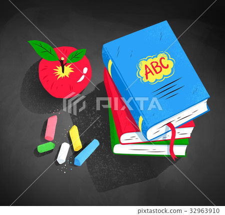 Red apple, pile of books and pieces of chalk Red apple, pile of books and pieces of chalk 32963910